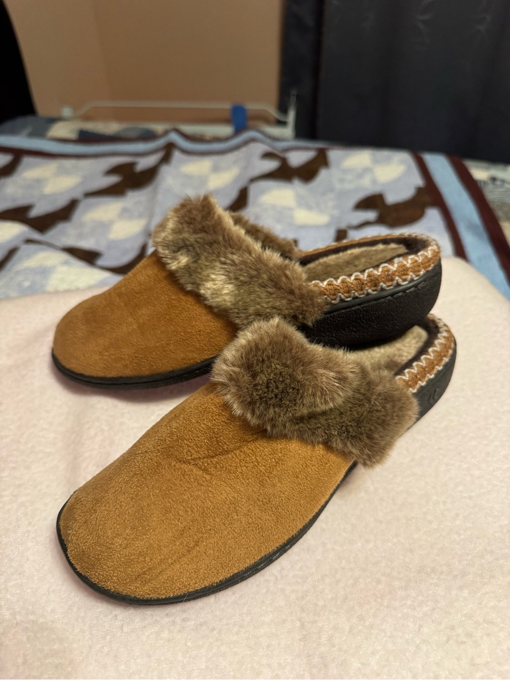 isotoner Women's Brown Faux-Fur Backless Suede Mules
